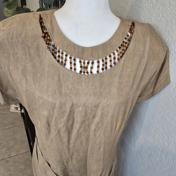 Scarlett Vintage Linen Blend Wrap Mini Dress Camel Size 11 - Picture 2 of 9